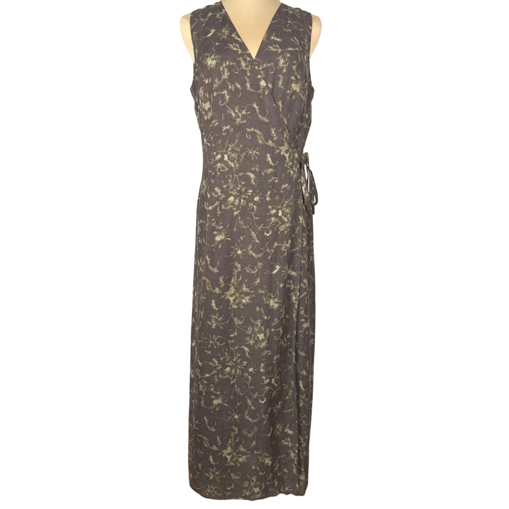 Vintage 90s Max Mara Linen Blend Sleeveless Maxi Wrap Dress 14 Italy Minimalist